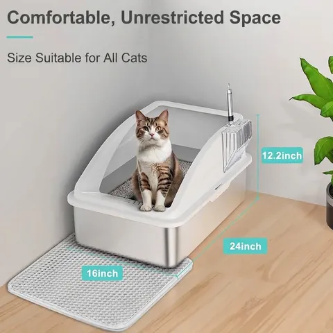 Large Stainless Steel Cat Litter Box with High Splash Guard Semi-Enclosed Metal Litter Box for Cats Easy to Clean Durable Anti-Odor Kitty Toilet with Scoop and Mat Indoor Pet Accessories