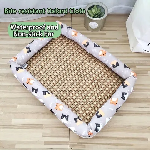 Sommer Haustier Kühlmatte Bett Atmungsaktiv Rattan Geflochten Wasserdicht Oxford Nest Für Kleine Mittlere Hunde Katzen Cartoon Print Kühlkissen