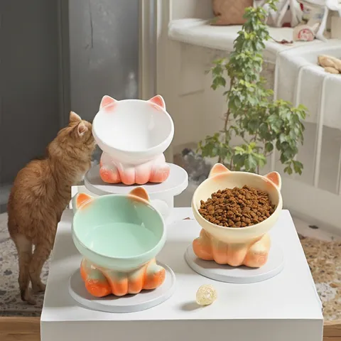Ceramic Cat Bowl Elevated Tilted Anti-Tip Pet Food Water Dish For Neck Protection Gradient Color Kitten Puppy Feeder Bowl