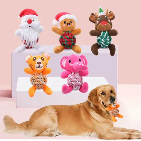 Christmas Pet Plush Rope Squeaky Toy Bite Resistant Cotton Knot Teething Dog Toy For Small Medium Dogs Reindeer Santa Claus