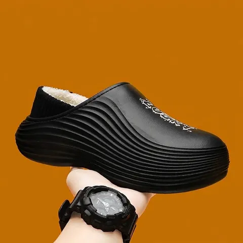 Pantofole in Cotone Foderate in Pile Invernali da Uomo Suola Spessa Scarpe da Casa in EVA Impermeabili Calde Interne Esterne Stampa a Onde