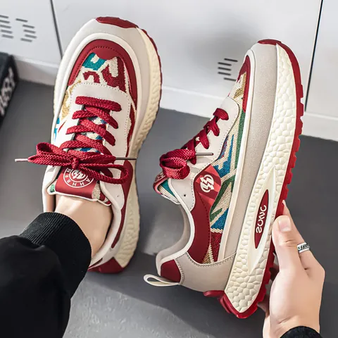 Men Retro Color Block Sneakers Ethnic Style Breathable Workwear Sport Casual Shoes Thick Sole Outdoor Running Walking Shoes