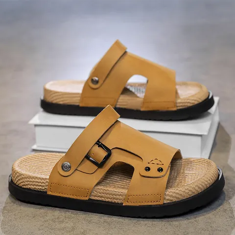 Sandalias de Lujo de Cuero de Microfibra para Hombre Uso Doble Pantuflas Moda Casual Suela Blanda Antideslizante Zapatos de Playa