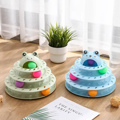 Interaktives Mehrlagiges Katzenspielzeug Drehteller Mit Cartoon Froschkopf Design Glatte Polypropylen Bahn Und Bunten Bällen Für Katzen