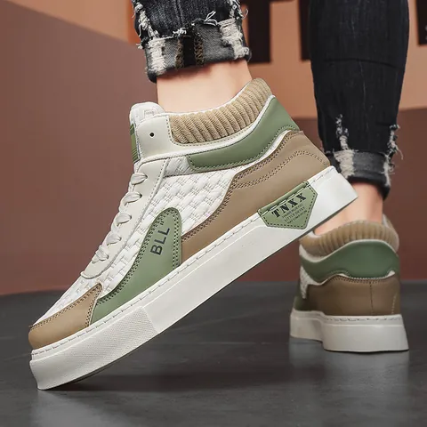 Men Mid-Top Casual Sock Sneakers Contrast Color Block Patchwork Skate Shoes Breathable Lace-Up Fashion Walking Sneakers For Men