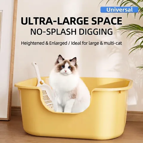 Large Semi-Enclosed Cat Litter Box Anti-Splash High Side Open Top Kitty Toilet With Shovel PP Plastic Material Spacious For Adult Cats