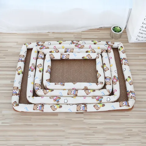 Sommer Haustier Kühlmatte Bett Atmungsaktiv Rattan Geflochten Wasserdicht Oxford Nest Für Kleine Mittlere Hunde Katzen Cartoon Print Kühlkissen
