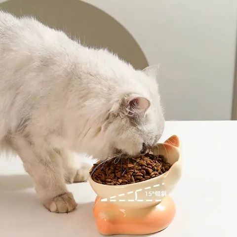 Ceramic Cat Bowl Elevated Tilted Anti-Tip Pet Food Water Dish For Neck Protection Gradient Color Kitten Puppy Feeder Bowl