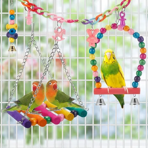 Papegaai Speelgoed Set Vogelkooi Accessoires Kleurrijke Houten Schommel Klimladder Hangende Bellen Plastic Ballen