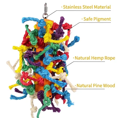 Colorful Parrot Chewing Toy With Natural Sisal Rope Solid Wood Block Hanging Bird Cage Toy For Medium Large Parrots Macaw Toys