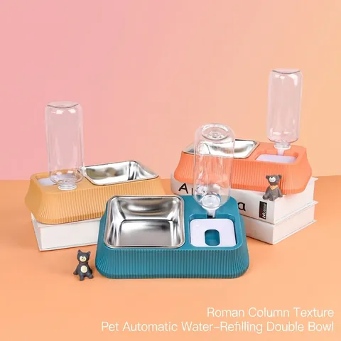 Pet Automatic Water Refill Double Bowl Set Stainless Steel Food Dispenser Roman Column Pattern Dog Cat Feeder Gravity Waterer