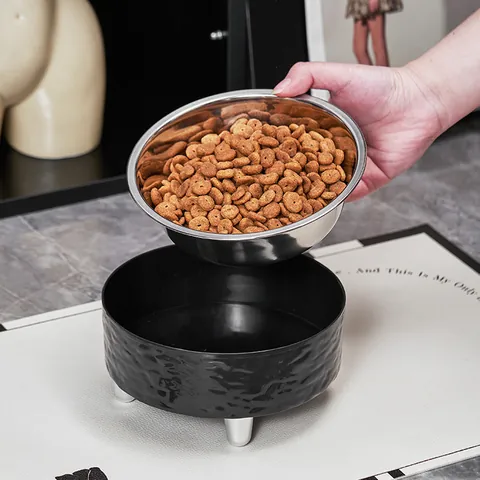 Elevated Stainless Steel Pet Bowl Hammered Texture Neck Protection Anti Chin Acne Feeder For Cats Small Dogs