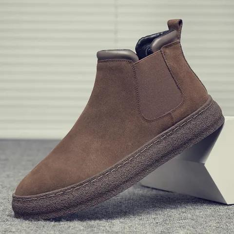 Stivali Chelsea da Uomo in Finta Pelle Scamosciata Retrò Stivali Martin a Suola Spessa Senza Lacci per Moto e Lavoro Scarpe Casual