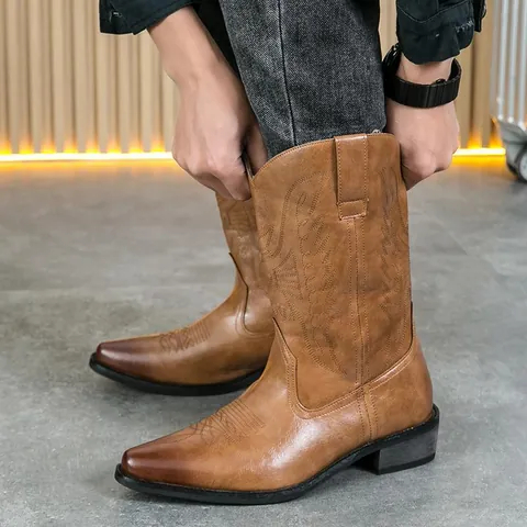 Men Vintage Western Cowboy Boots Cattle Hide Pointed Toe Printed Mid-Calf Knight Boots With Wood Stacked Heel Retro Slip-on Boots