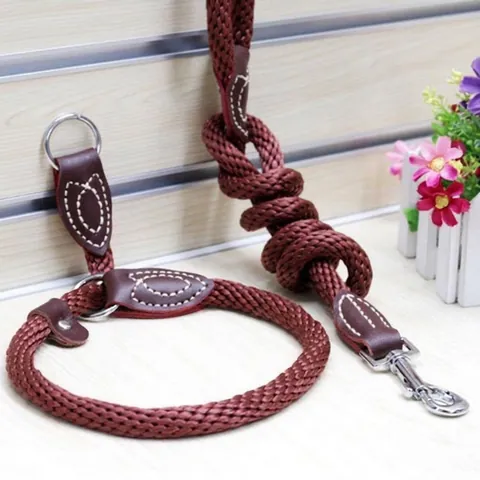 Nylon Braided Pet Leash Durable Dog Training Slip Lead P-Chain Leather Reinforced Traction Rope For Small Medium Large Dogs