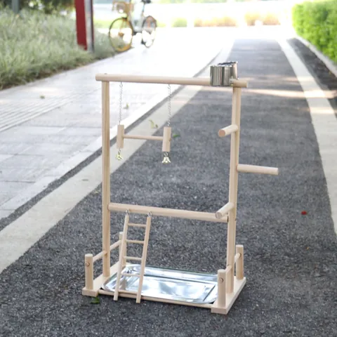 Wooden Parrot Playground Stand Bird Perch Gym Training Center With Stainless Steel Trays Cups Ladders Swings For Parrots