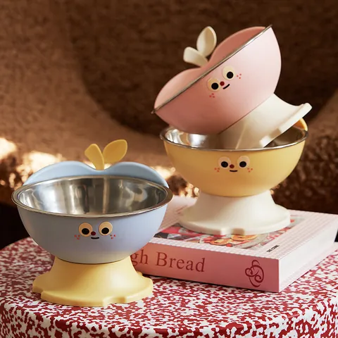 Apple Shaped Elevated Pet Bowl With Stainless Steel Inner Bowl For Cats And Dogs Neck Protection Non-Slip Raised Cat Dish Food Water Bowl Easy Cleaning