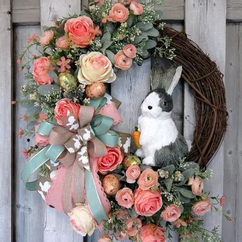Easter Bunny Wreath Decoration Artificial Pink Rose Floral Garland With Ribbon Rabbit Ornament For Home Party Door Hanging