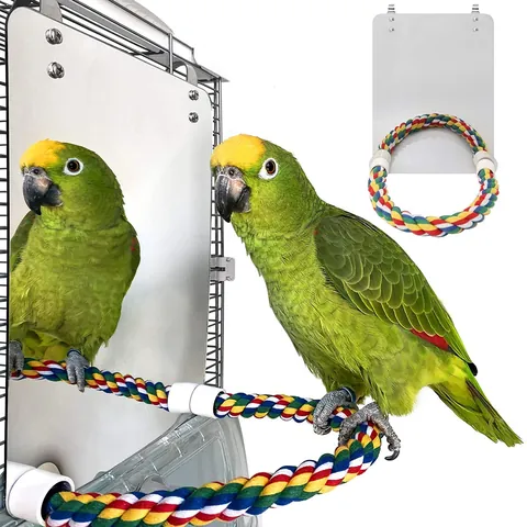 Papegaai Vogel Speelgoed Spiegel met Kleurrijk Katoenen Touw Zitstok Gevlochten Kauwstandaard voor Kooi Accessoires