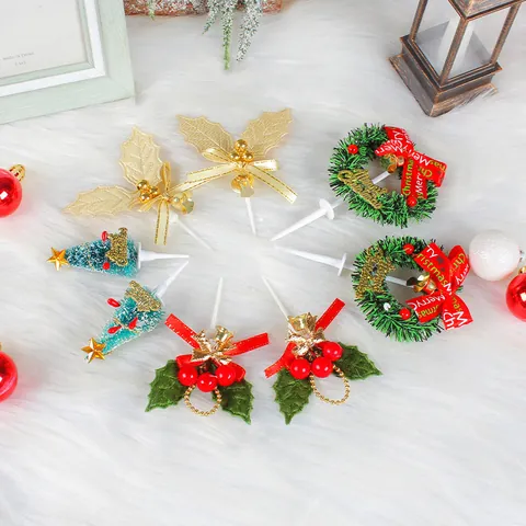 Mini Christmas Cake Topper Decorative Plastic Christmas Tree Wreath Leaf Pick For Holiday Baking Party Cake Decoration Supplies