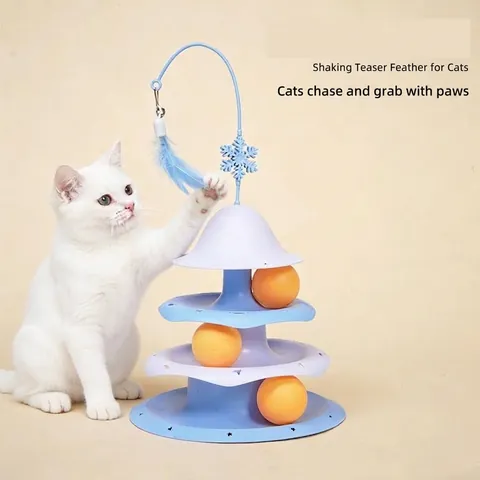Weihnachtsbaum-Förmiges Katzenspielzeug 3-Schichten-Drehteller Mit Interaktiven Rollkugeln Und Feder-Teaser-Glocke Spielzeug
