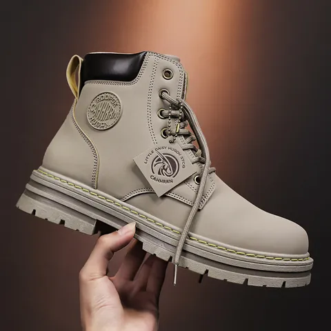 Men Retro High Top Work Boots PU Leather Lace Up 7-Hole Martin Boots Non-Slip Rubber Sole Autumn Winter Fashion Boots