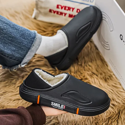 Pantofole in Cotone Caldo Invernale da Uomo Tomaia in PVC Impermeabile Foderata in Peluche Suola Spessa Antiscivolo Scarpe da Casa Per Uomo