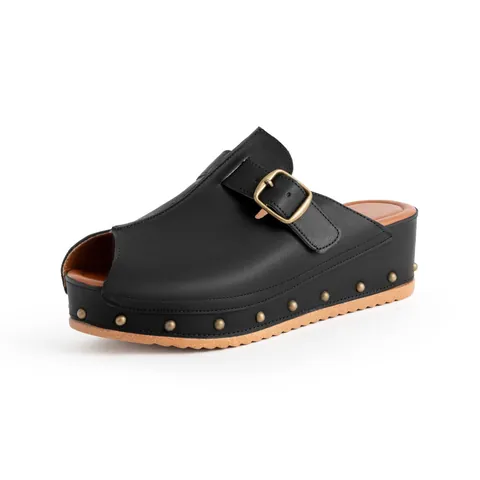 Women Peep Toe Platform Sandals Western Style PU Leather Rivet Buckle Decor Mules Slides Thick Bottom Wedge Slippers
