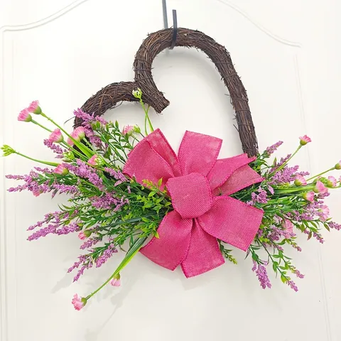 Handmade Heart Shaped Plastic Artificial Flower Wreath Pink Carnation Door Hanging Decor For Spring Valentine Home Wall
