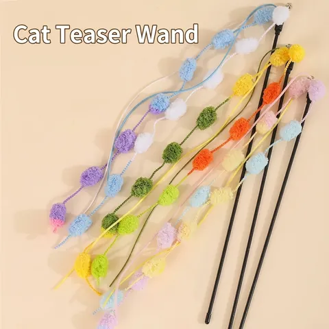 Interactive Cat Teaser Wand With Bell Colorful Plush Balls 50cm Flexible Long Pole Pet Exercise Toy For Indoor Cats Boredom Relief