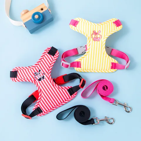 Adjustable Dog Harness Leash Set Polyester Breathable Striped Vest For Small Medium Dogs Cherry Embroidery Pet Outdoor Walking Supplies
