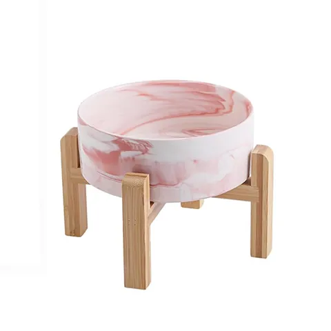 Marble Pattern Ceramic Cat Bowl Elevated Bamboo Wood Stand Dog Food Water Feeder Dish For Cats Small Dogs Modern Pet Tableware