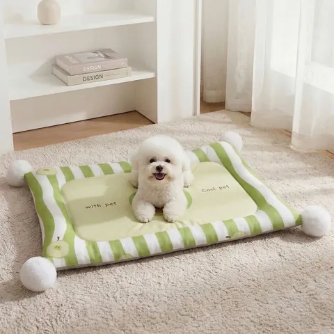 Cooling Pet Mat With Pom Poms Double Sided Dopamine Style Pet Sleeping Pad For Dogs And Cats Summer Chill Mat Washable Pet Bed