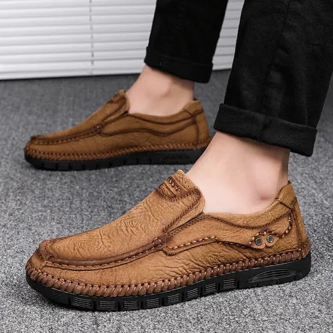 Herren Casual Outdoor Lederschuhe Handgenähtes Rindsleder Slip-On Loafer Weiche Gummisohle Verschleißfeste Wanderschuhe