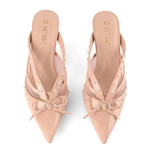 Elegant Pointed Toe Microfiber Mule Slippers For Women With Bowknot And Artificial Pearl Decor Mesh Splicing Stiletto Heel Sandals