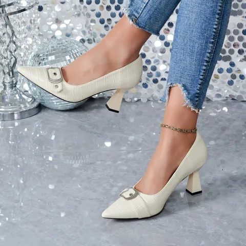 Chaussures à Bout Pointu et Talon Bloc pour Femmes en Cuir Verni Gaufré Croco avec Boucle Métallique Escarpins Formels pour Banquet Printemps Mode