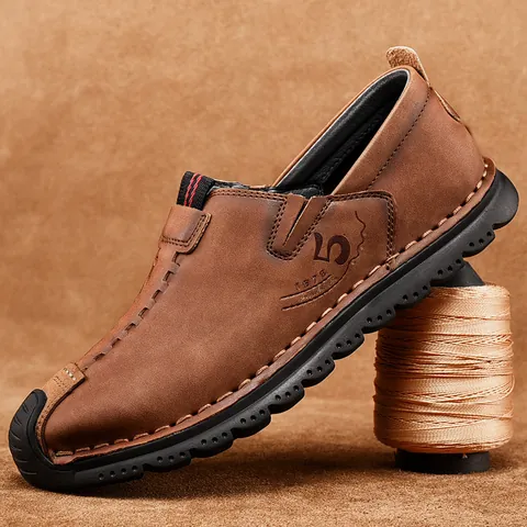 Herren Britischer Stil Slip-On Freizeitschuhe Handgenähte Mikrofaser Leder Arbeitsschuhe Mode Übergröße Verschleißfest Flache Schuhe
