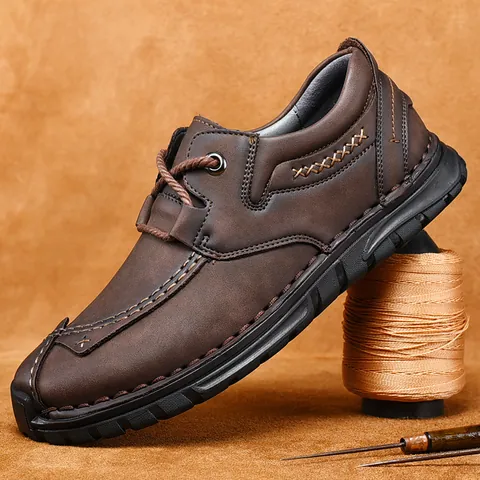 Herren Casual Arbeitsschuhe Schnürschuhe Outdoor Mode Schuhe Mikrofaser Leder Einfarbig Rutschfeste Gummisohle Retro Schuhwerk