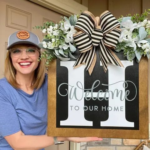 Personalized Alphabet Wooden Front Door Decorative Sign Welcome To Our Home With Bow And Artificial Greenery For Home Porch Wall Decor