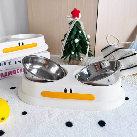 Cute Duck Shaped Double Pet Bowl Stainless Steel Dog Bowl Anti-Tip Non-Slip Cat Feeder Water Dispenser With PP Plastic Base