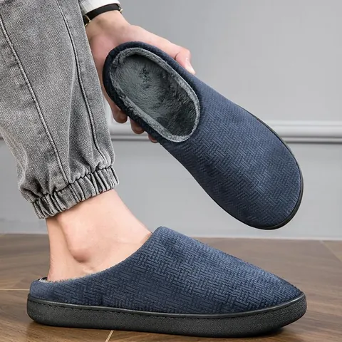 Unisex Woven Texture Indoor Cotton Slippers Plush Lined Warm Home Shoes Anti-Slip TPR Sole For Men Women Couples Plus Size