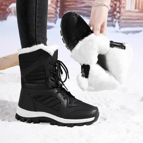Stivali da Neve al Polpaccio da Donna Calda Fodera in Pelliccia Sintetica Stivali Invernali Spessi Grandi Dimensioni Stringati Outdoor Antiscivolo