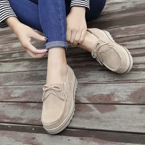 Women Wedge Platform Loafers Suede Tassel Bow Slip On Casual Moccasins Comfortable Round Toe Ladies Spring Autumn Footwear