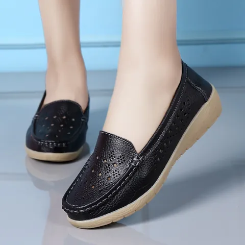 Damen Casual Kuhleder Keil Loafers Ausgehöhlt Atmungsaktiv Weich Mokassins Mutterschuhe Komfort Slip On Flache Schuhe