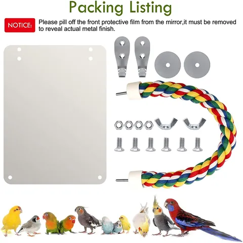Papegaai Vogel Speelgoed Spiegel met Kleurrijk Katoenen Touw Zitstok Gevlochten Kauwstandaard voor Kooi Accessoires