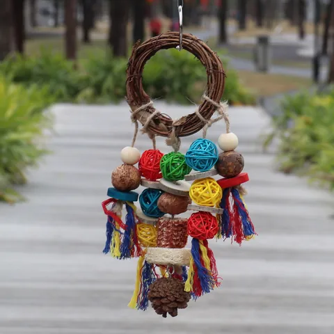 Natural Rattan Ring Parrot Toy Colorful Woven Balls Pinecone Corn Cob Loofah Chewing Bird Cage Toy For Small Medium Parrots
