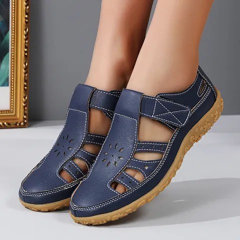 Damen Flache Sandalen Mit Hohl Aus Lässige Sommer Strandschuhe Atmungsaktiv PU Leder Klettverschluss Leichte Rutschfeste Wandersandalen