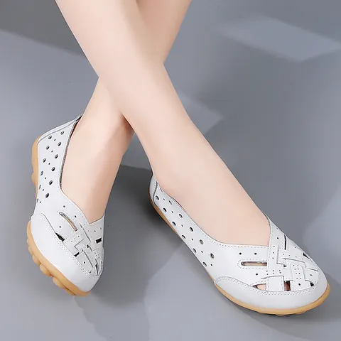 Women Comfort Split Leather Hollow Out Loafers Soft Gum Sole Breathable Slip On Moccasins Casual Flat Shoes For Mothers