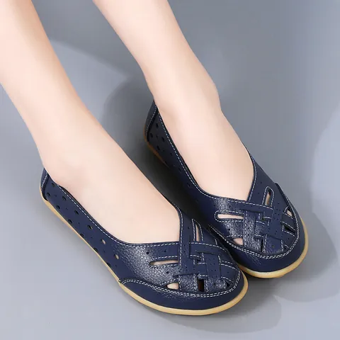 Women Comfort Split Leather Hollow Out Loafers Soft Gum Sole Breathable Slip On Moccasins Casual Flat Shoes For Mothers