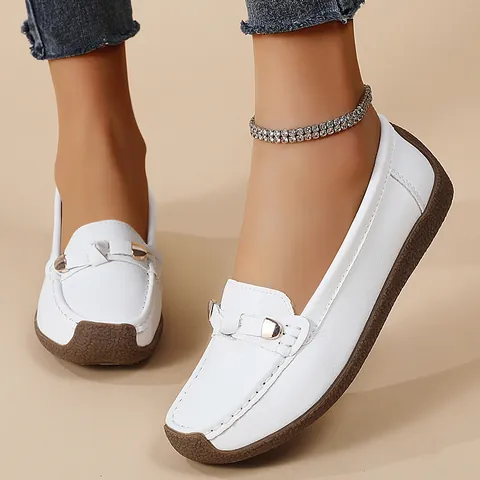 Damen Lässig Übergröße Weichsohle Slipper Bequeme Mokassins Flache Mutterschuhe Mit Metallschnalle Und Schleifen-Detail